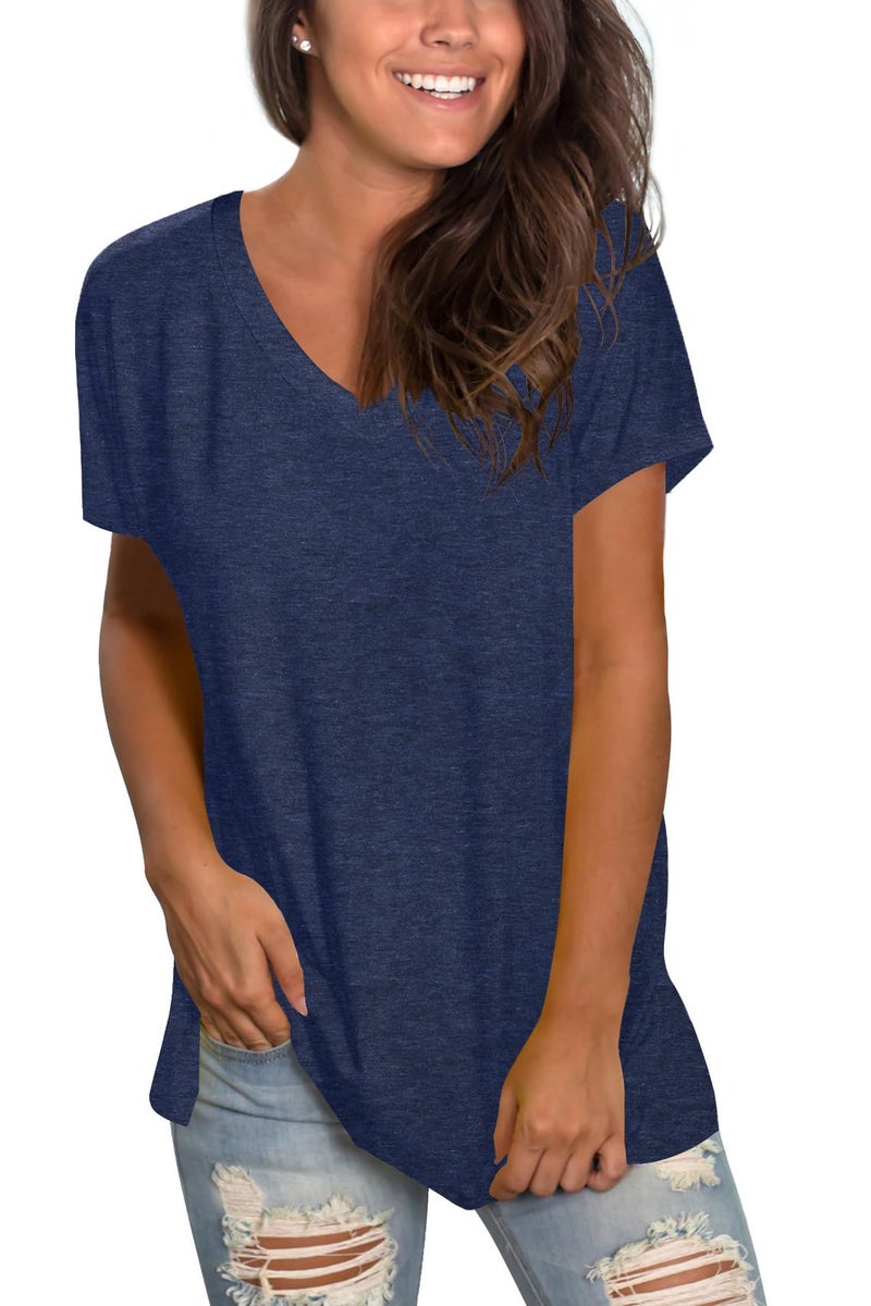 Sipaya Spring T Shirts for Women V Neck Solid Color Tee Cute Short Sleeve Tops Navy Blue M - Image 2